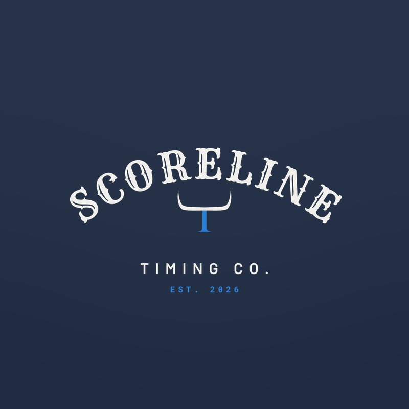Timing Co. long sleeve: arched SCORELINE lettering over the horns and Timing Co., Est. 2026, on navy.